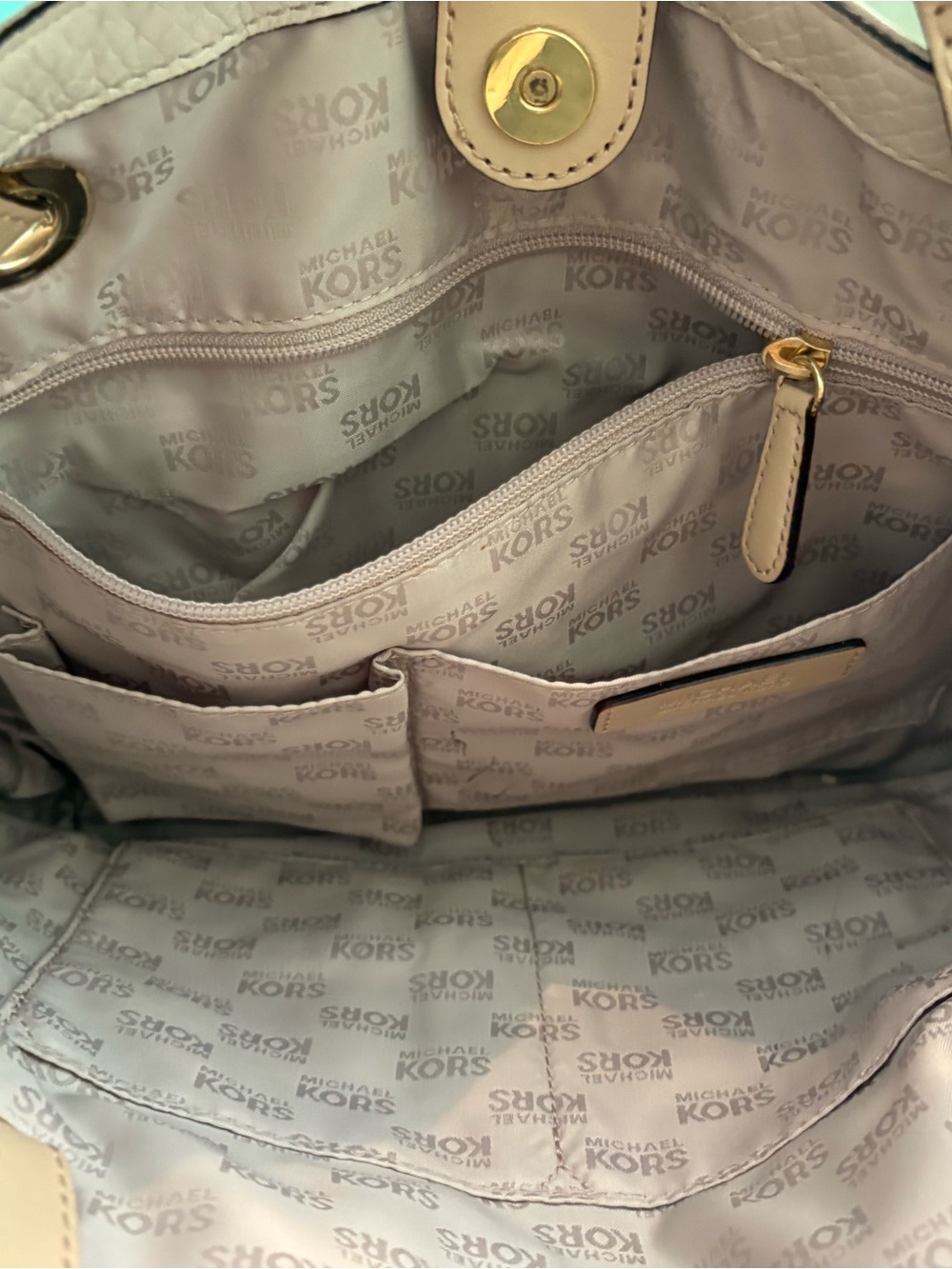 Michael Kors Light Beige Shoulder Tote with Gold-Tone Hardware